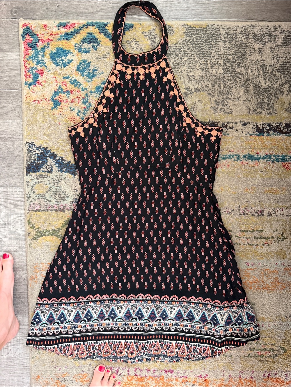 Millau Black Halter Mini Dress with Coral Accents